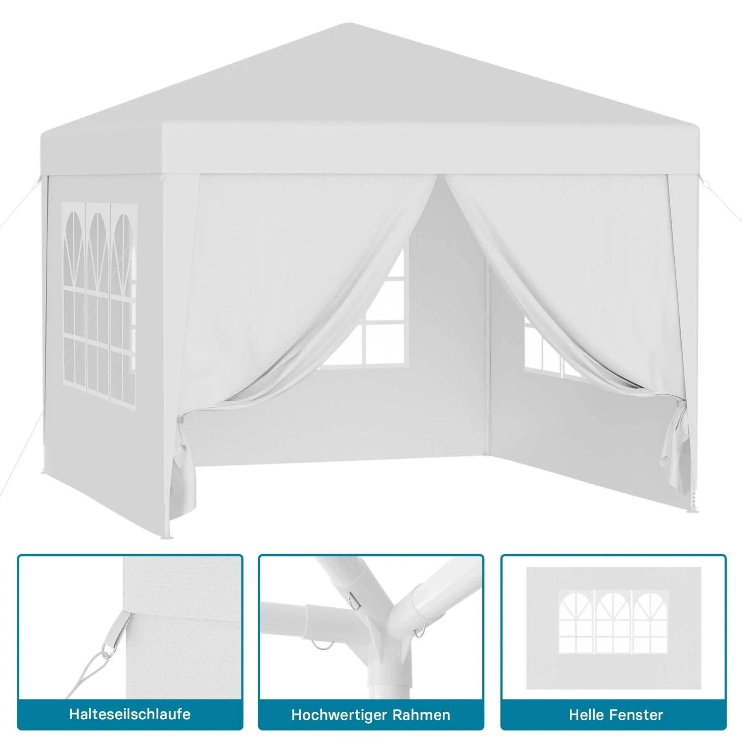 Weißer Wiltec Pavillon 3x3m mit UV-Schutz 50+, abnehmbaren Seiten und Fenstern. Ideal als Gartenpavillon oder Partyzelt.