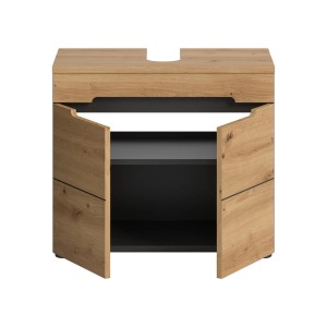 Waschbeckenunterschrank Canu, 2-türig, Artisan/Grau, 55x63x34 cm, mit offenen Türen.