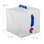 4er Set faltbare Wasserkanister (20L) für Camping: Transparent, blau, rot, mit Hahn und Tragegriffen.