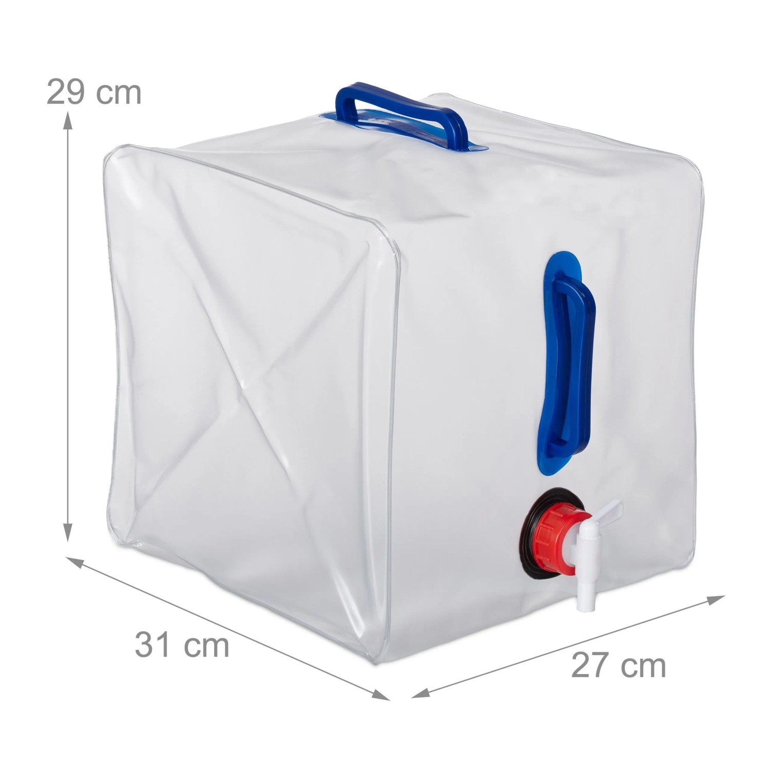 4er Set faltbare Wasserkanister (20L) für Camping: Transparent, blau, rot, mit Hahn und Tragegriffen.