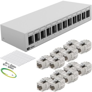 hb-digital Patch Panel mit 12 Ports und 12 Keystone Module Cat 7, hellgrau.