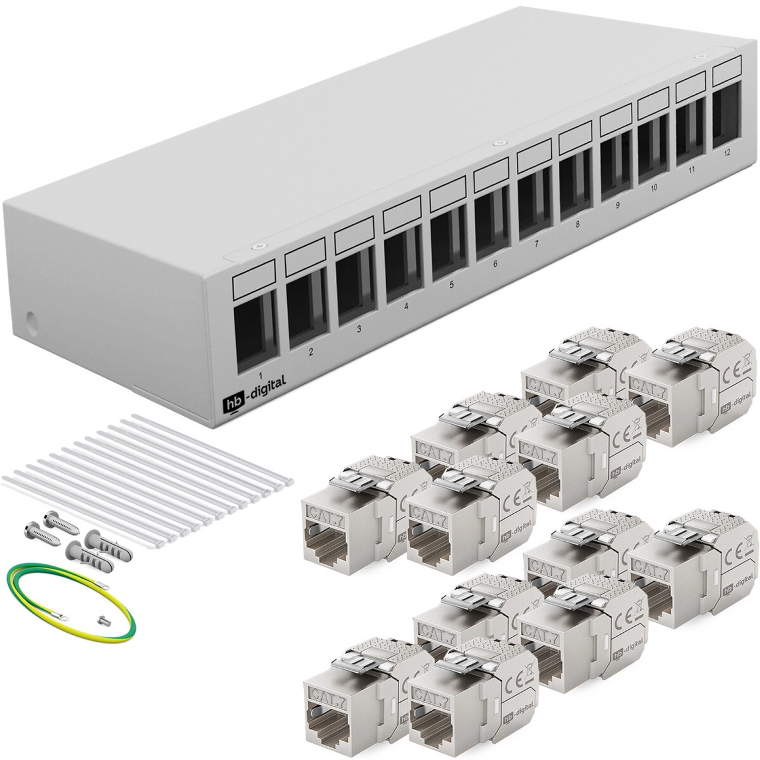 hb-digital Patch Panel 12 Port mit 12x Keystone Module Cat 7 Hellgrau