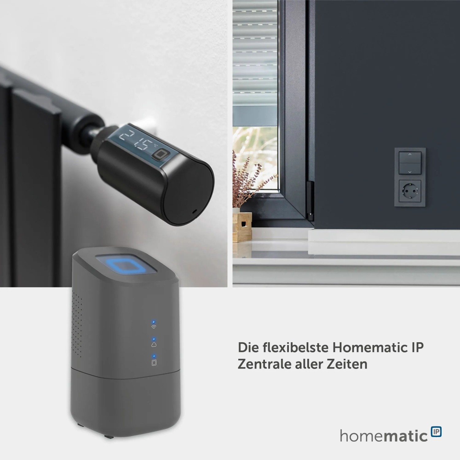 HmIP Home Control Unit in Anthrazit mit Heizkörperthermostat und Fensteransicht.