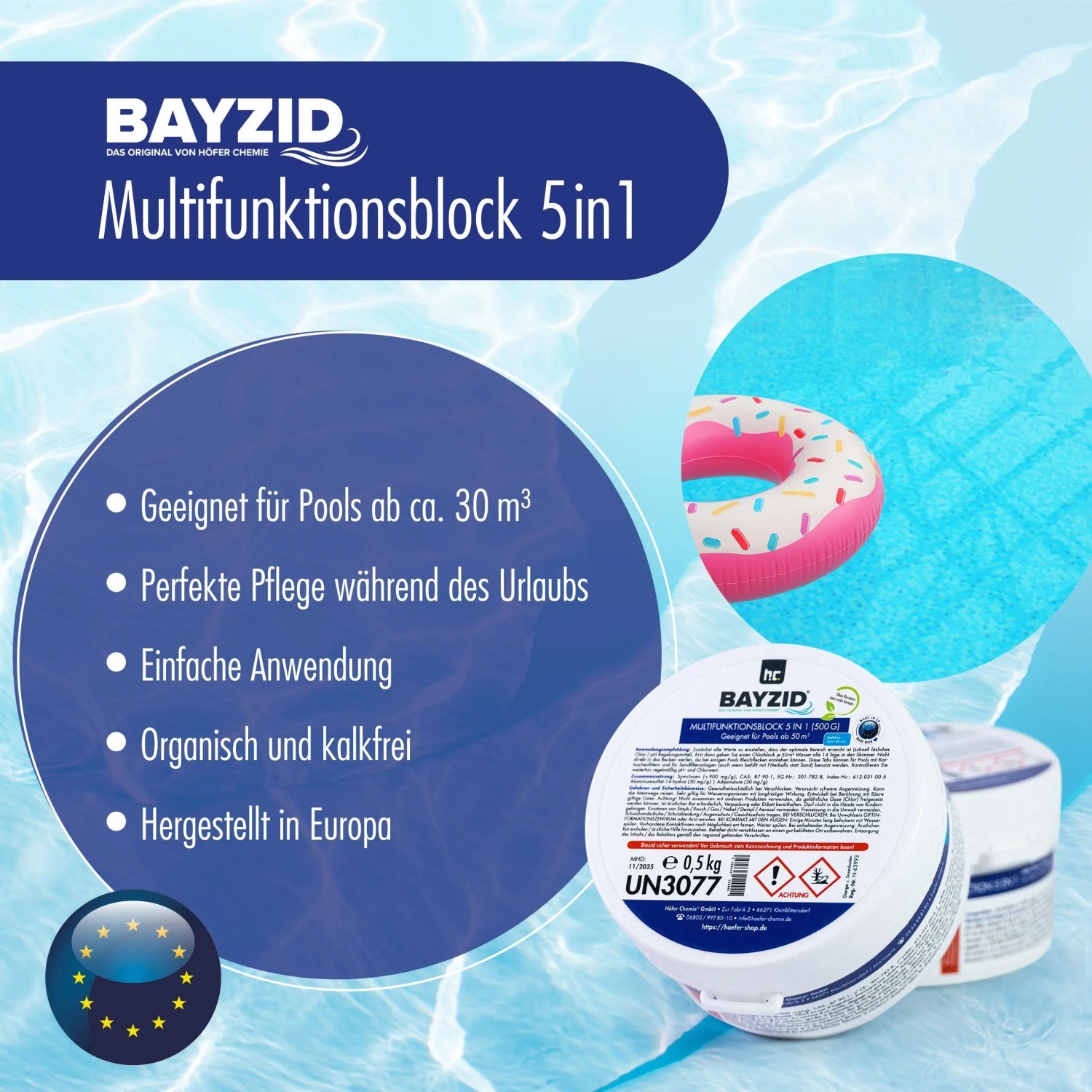 Bayzid Multiblock 5in1 für Pools, 500g. Chlor zur Desinfektion und Pflege großer Pools.