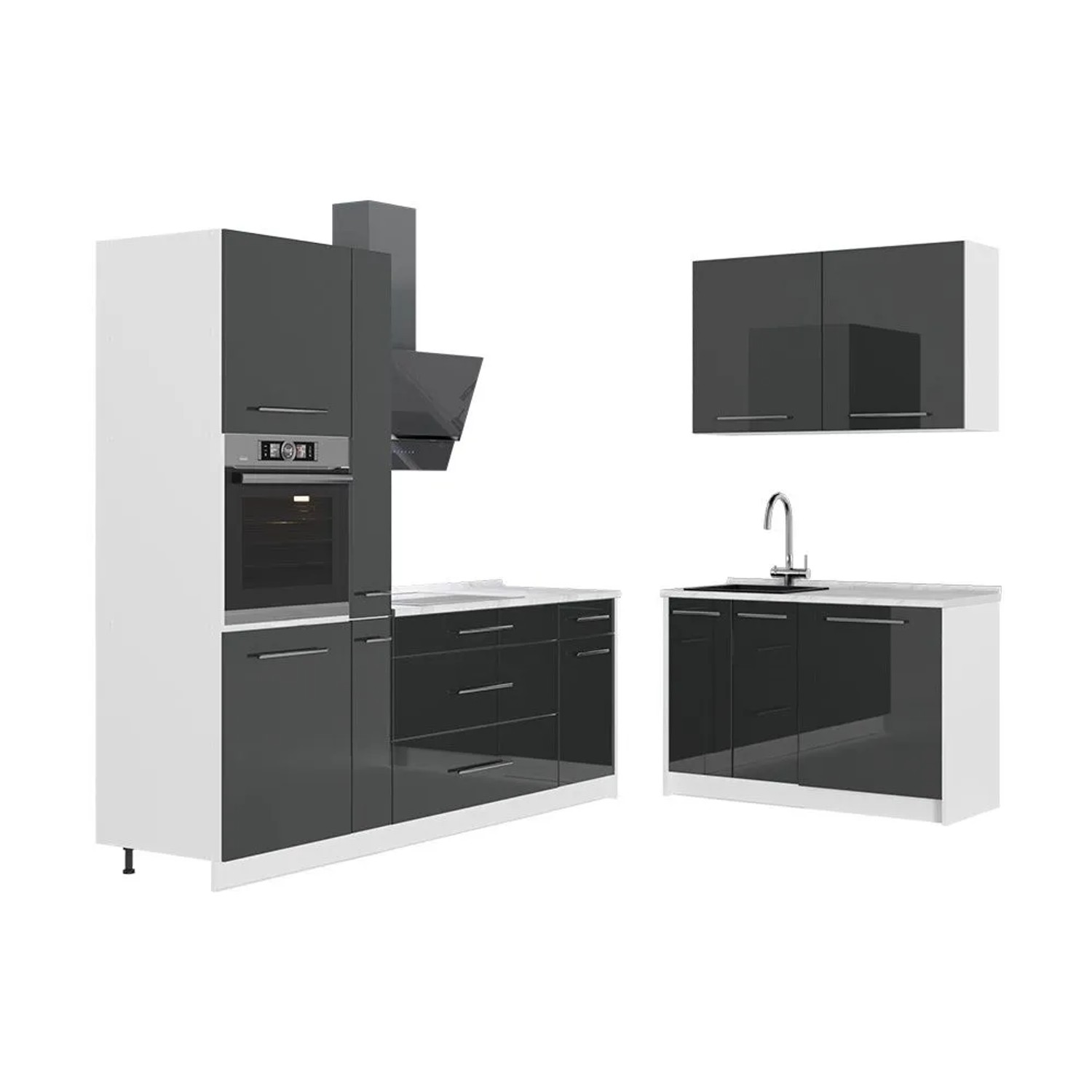 Vicco Küchenzeile Fame-Line Anthrazit Hochglanz/Weiß 220 x 207 AP Marmor Art Nr 65009