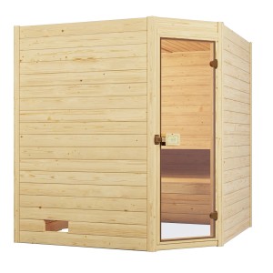 Weka Massivholzsauna Valida Eck mit Glastür, naturbelassenes Fichtenholz. Sauna für Eckeinbau.