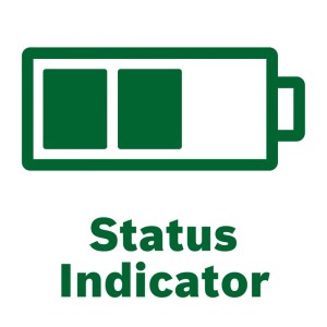 Grünes Batteriesymbol mit 50% Ladung und „Status Indicator“ Text. Zeigt Akkustand der Bosch Gras- und Strauchschere.