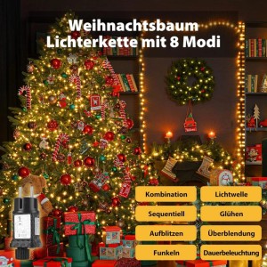 Warmweiße SALCAR LED-Lichterkette (26m, 360 Lichter) am Weihnachtsbaum, mit 8 Modi und Netzteil. Für Weihnachtsdekoration innen & außen.