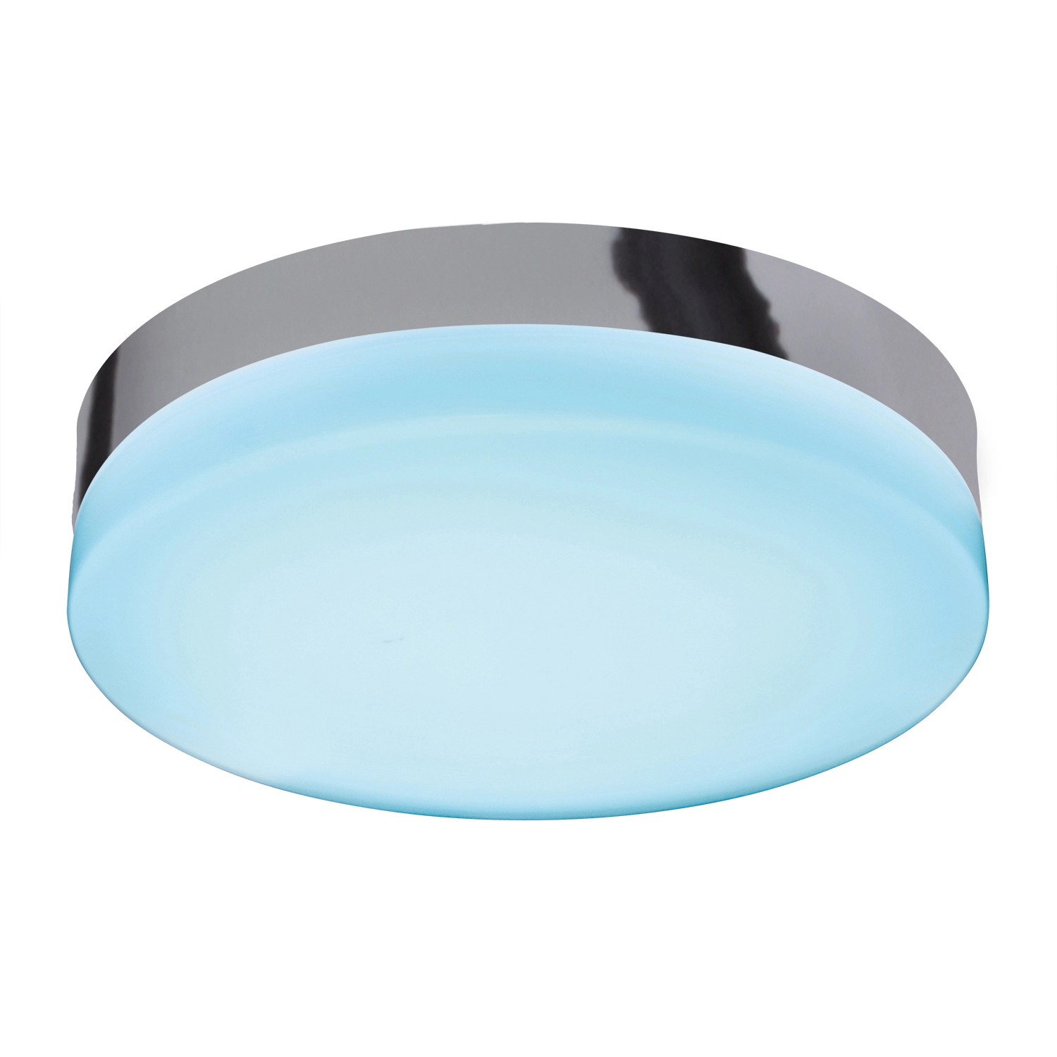 Moderne LED-Deckenleuchte Paris mit Chromrand und weißem Lampenschirm.