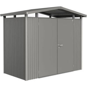 Biohort Metall-Gerätehaus Panorama in Quarzgrau mit Doppeltür. Gerätehäuser für den Garten.