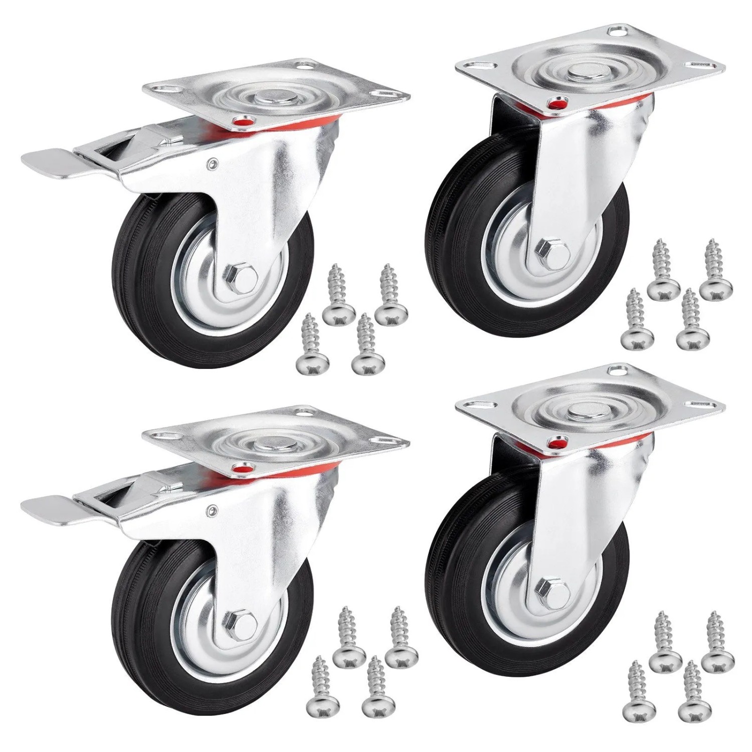 SOTECH 4er SET Transportrollen RED Ø125 mm 2x Lenkrollen und 2x Lenkrollen mit Bremse Bis 440 Kg inkl. Pan Head 5 x 17 mm Befestigungsschrauben