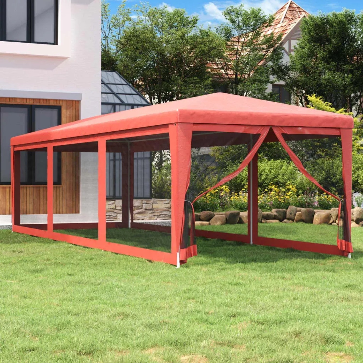Rotes vidaXL Partyzelt 3x9 m mit Mesh-Seitenwänden im Garten.