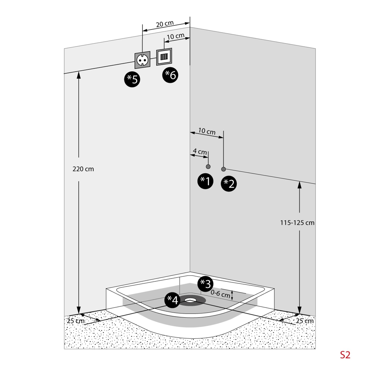 Skizze der AcquaVapore Duschkabine D46-13T0-EC 90x90 mit Maßangaben zu Anschlüssen.