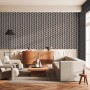 Wohnraum mit 3D Tapete Grafisch Beige Schwarz Platin-Grau. Dekorative Vliestapete mit geometrischem Muster.