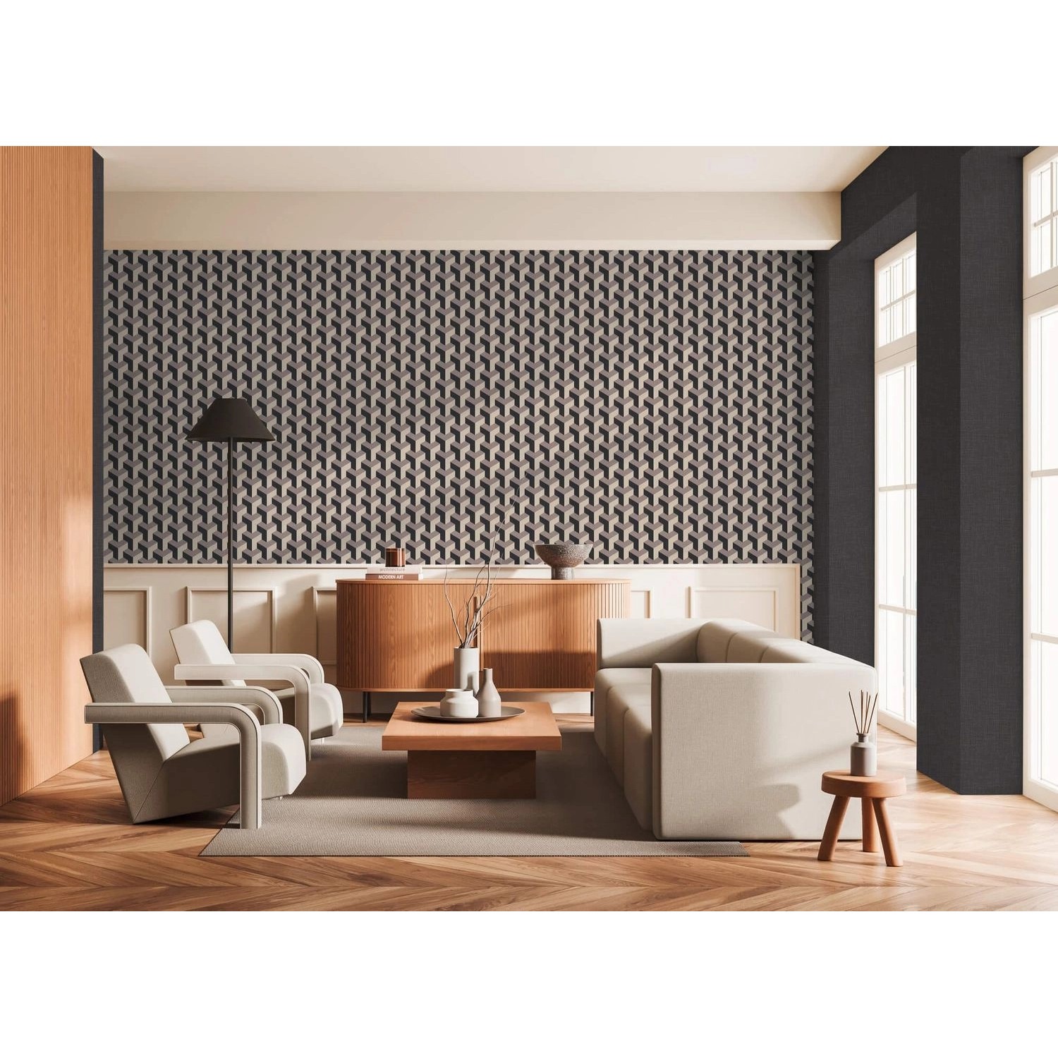 Wohnraum mit 3D Tapete Grafisch Beige Schwarz Platin-Grau. Dekorative Vliestapete mit geometrischem Muster.
