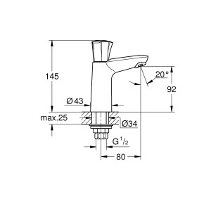 Technische Zeichnung: Grohe Costa Standventil, Chrom, mit Maßen und Details zur Installation.