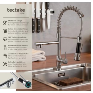 Tectake Küchenarmatur Hochdruck Chrom, Einhebelmischer mit Brause und Wasserhahn, 24,5x5x52cm, grau.