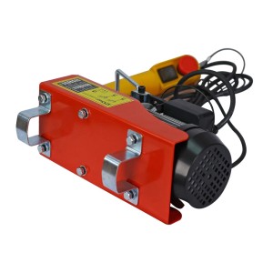 Roter Wiltec Flaschenzug, elektrische Seilwinde 540W mit Motor und gelber Steuerung.
