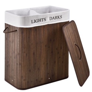 Brauner Juskys Bambus Wäschekorb mit Deckel, 2 Fächern und Wäschesack.