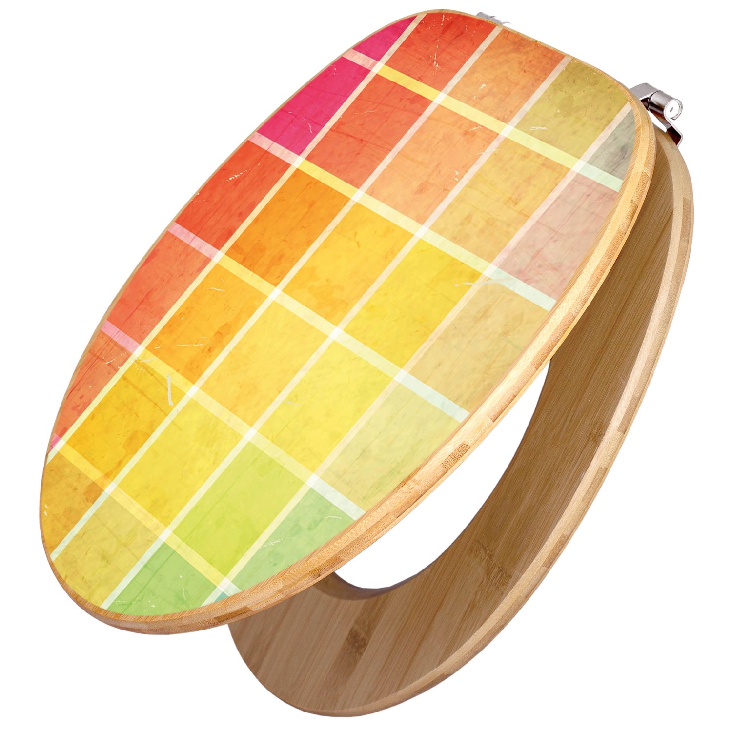 Banjado WC-Sitz aus Bambus mit buntem Glasbaustein-Motiv und Universal-Scharnieren.