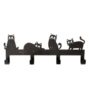 Schwarzes Boltze Garderobenpaneel Mollie mit Katzen-Motiv und vier Haken.