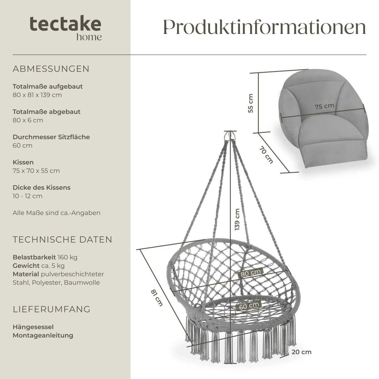 Tectake Hängesessel Samira Mit Dickem Sitzkissen Stabile Halteseile  81 x 80 x 139 cm Grau_6