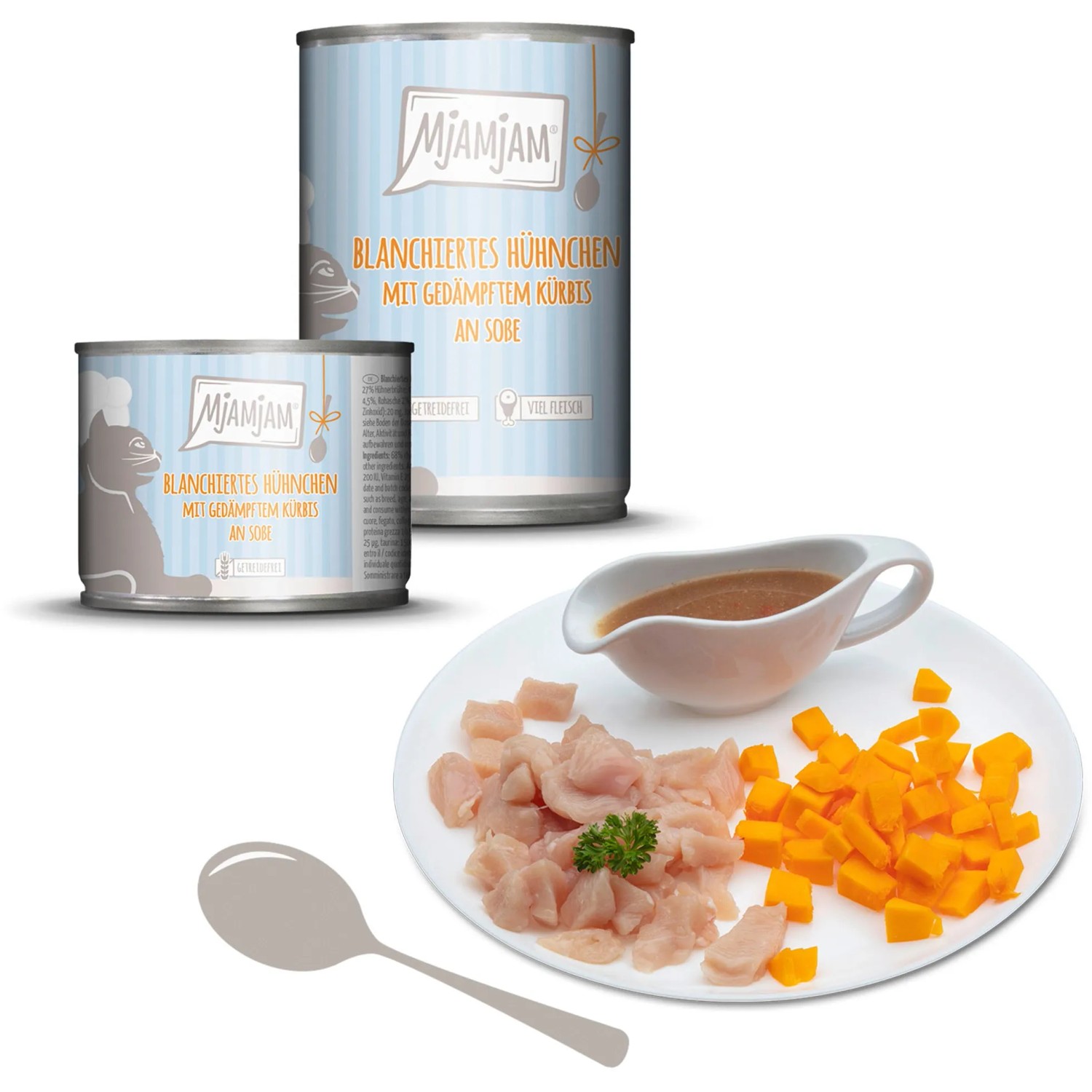 Mjamjam Katzen-Nassfutter: Hühnchen mit Kürbis, servierfertig auf einem Teller mit Soße.