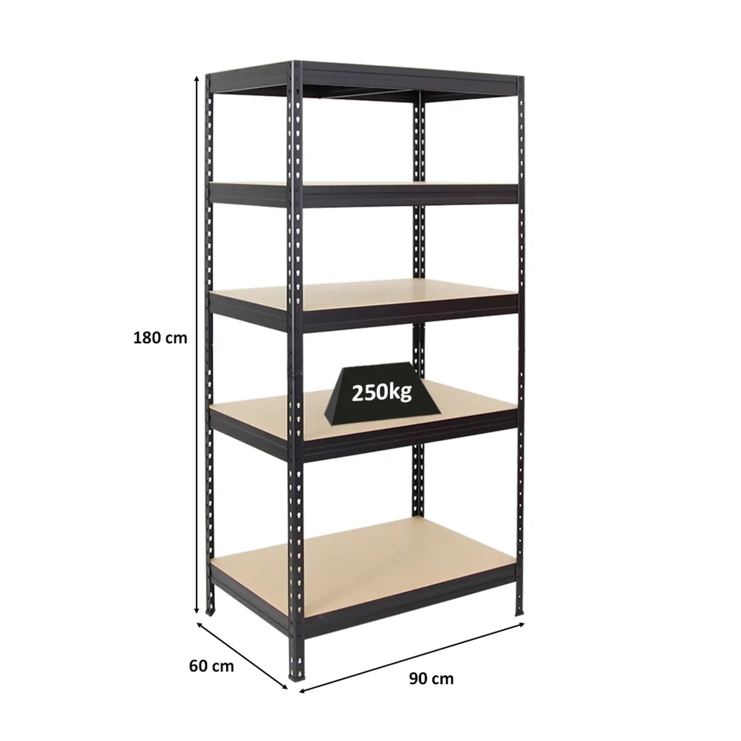 Schwarzes PROREGAL Schwerlastregal (180x90x60 cm) mit 5 Böden, je 250 kg belastbar.
