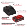 Einhell PXC 4 Ah Akku-Starter-Kit mit rotem Akku und schwarzem Ladegerät. Zeigt LED-Anzeigen, Schnellladefunktion und Batteriemanagement.