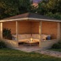 Unbehandeltes Alpholz Gartenhaus Maik-40 mit Spitzdach und Anbaudach im Garten.