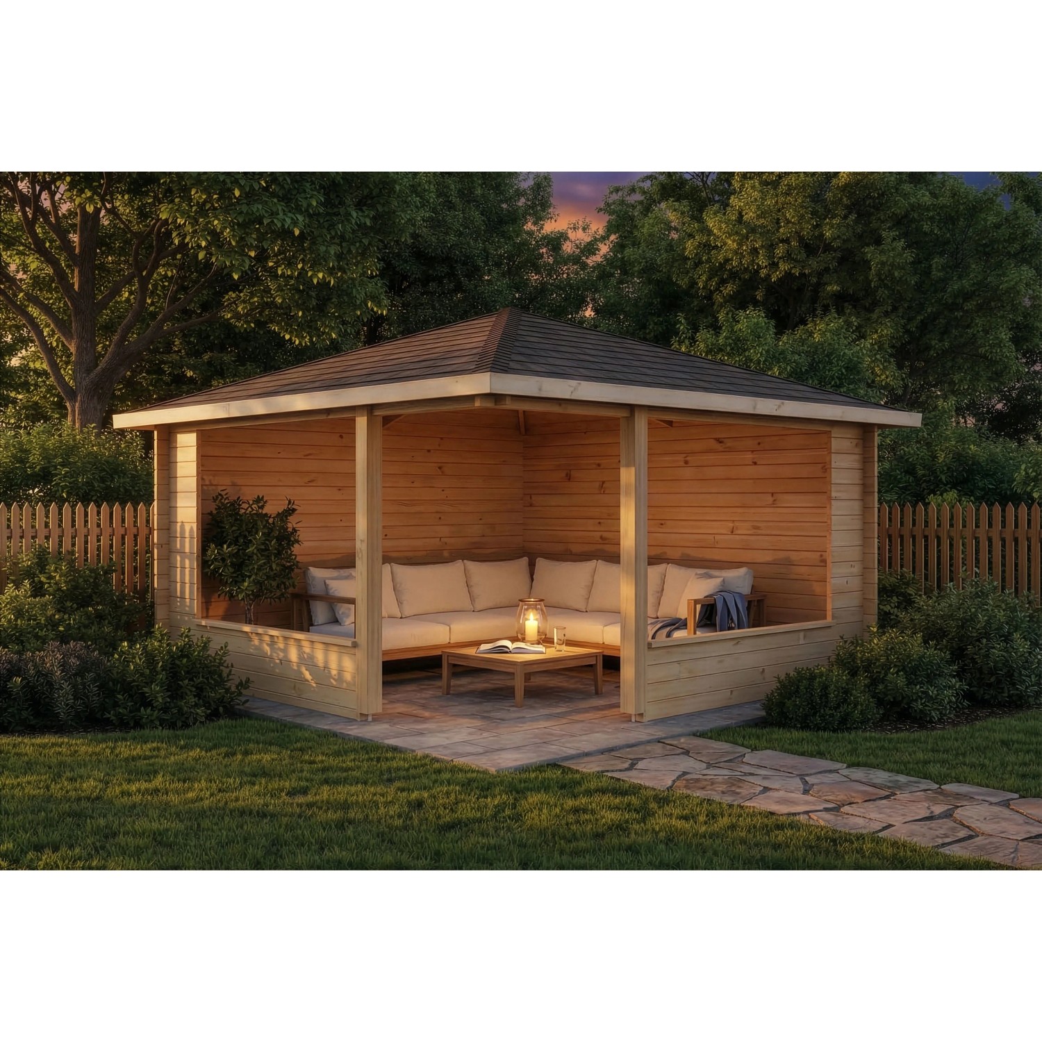 Unbehandeltes Alpholz Gartenhaus Maik-40 mit Spitzdach und Anbaudach im Garten.