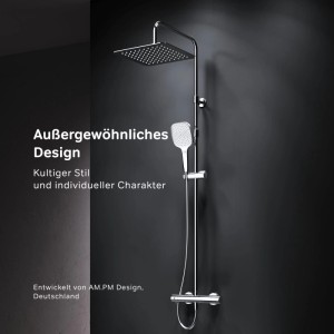 Modernes AM.PM Duschsystem Play Chrom mit quadratischer Regendusche, Handbrause und Thermostat-Duscharmatur.