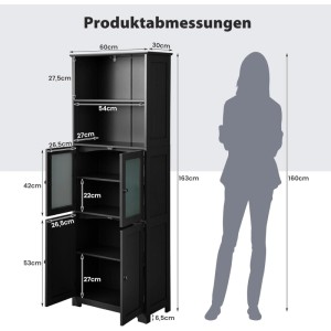 Schwarzer Badezimmerschrank, 163 cm hoch, mit offenen Fächern, Glastüren und verstellbaren Regalen.