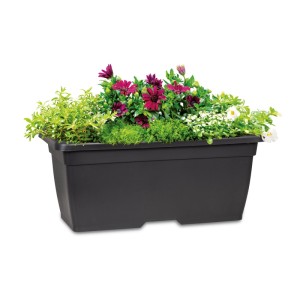 Scheurich Pflanzkasten Nora Long, 80 cm, metallic-grau, bepflanzt mit bunten Blumen.