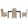 Beige 5-teilige Garten Essgruppe aus Polyrattan mit Tisch und Stühlen inklusive Kissen.