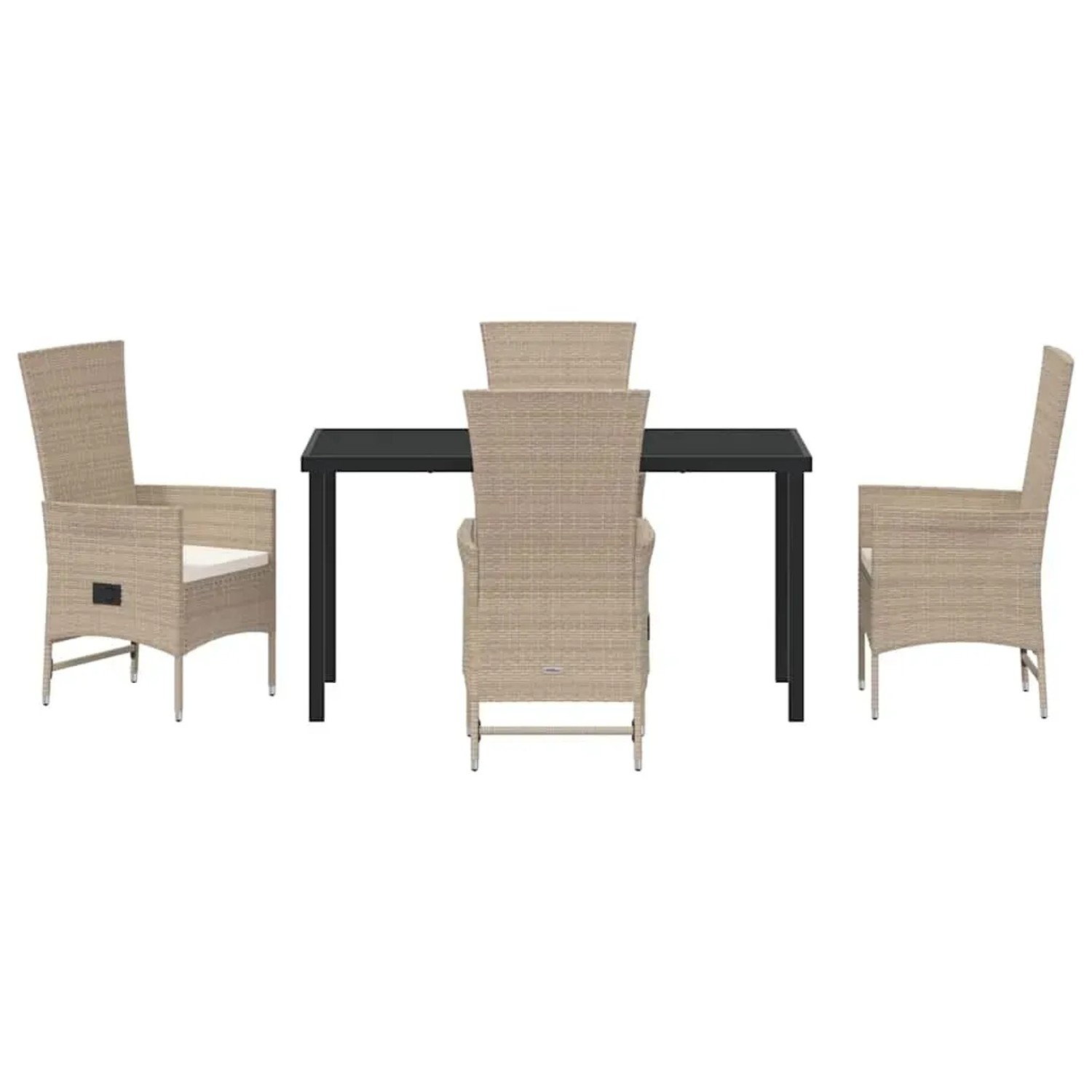 Beige 5-teilige Garten Essgruppe aus Polyrattan mit Tisch und Stühlen inklusive Kissen.