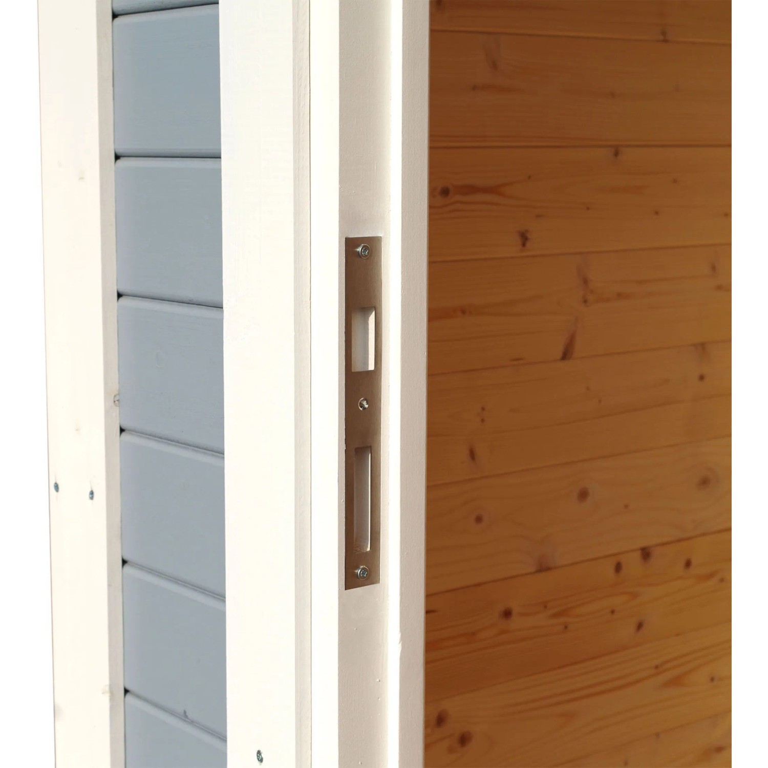 Detailaufnahme: Graues Bertilo Gartenhaus Pentus 3 Lounge mit Schiebetür und Griff.