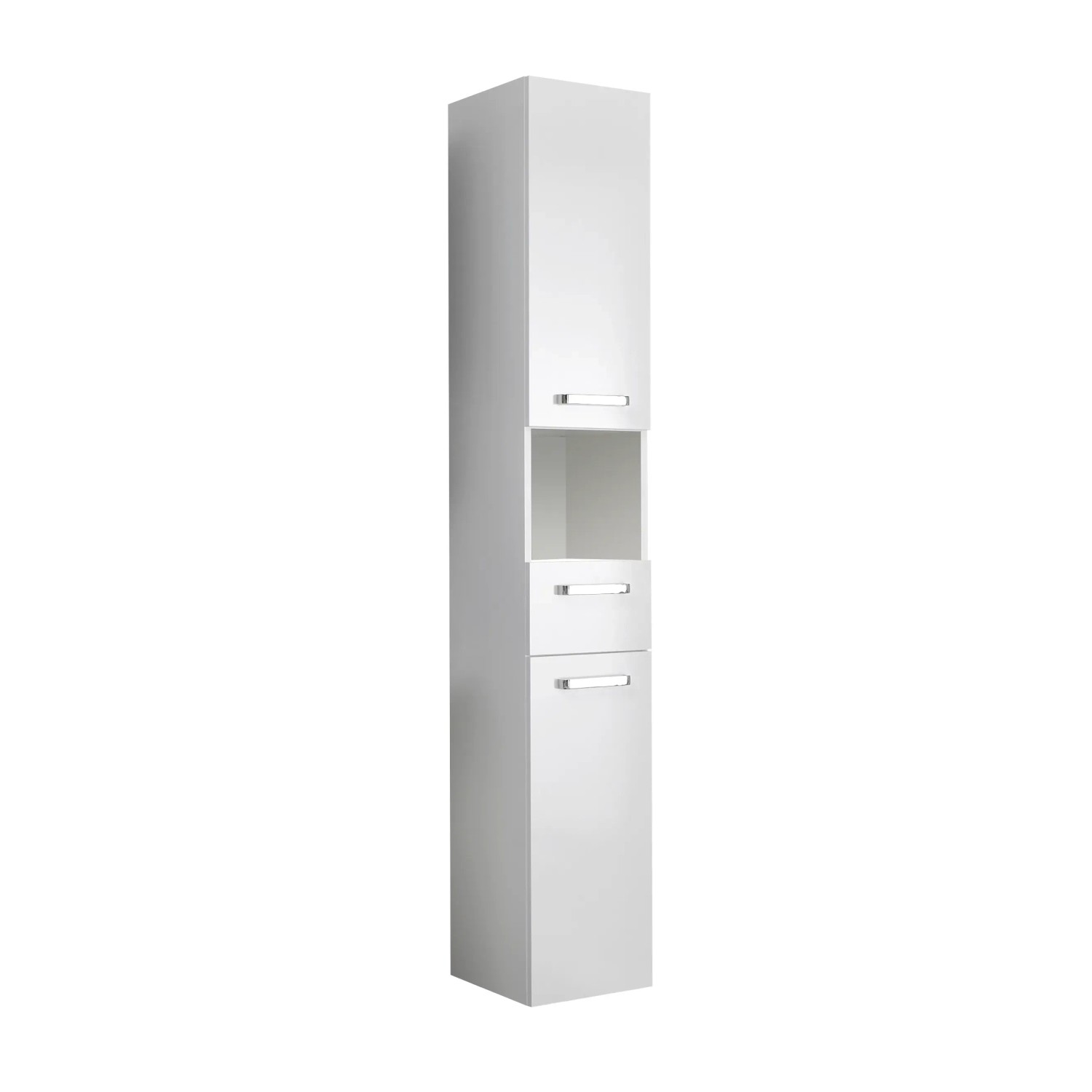 Pelipal Hochschrank in Weiß Glanz, Teil des Badmöbel-Sets Quickset 312 mit zwei Türen und Schublade.