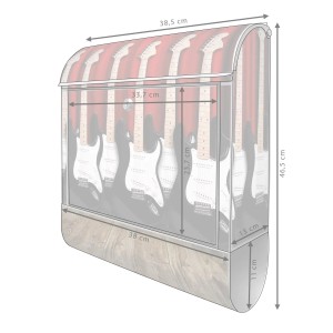 Design Briefkasten Silber mit E-Gitarren Motiv und Zeitungsfach, pulverbeschichtet, 39x47x14cm.