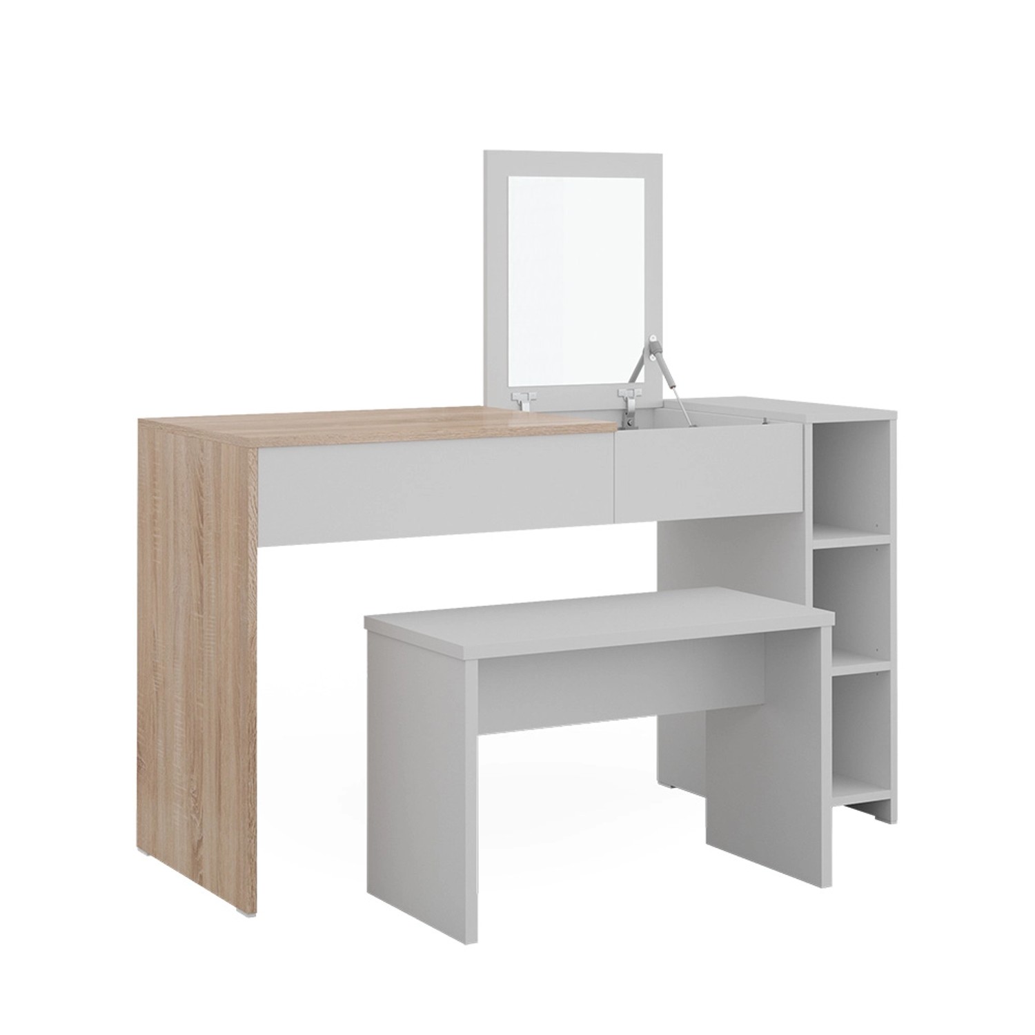 Vicco Schminktisch Kira Weiß/Sonoma/Sonoma 130 cm mit Hocker und Einklappba günstig online kaufen