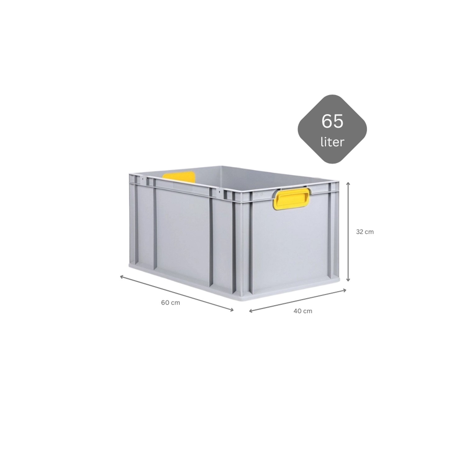 PROREGAL Eurobox Nextgen, 65 Liter, grau mit gelben Griffen. Aufbewahrungsbox mit verstärktem Boden.