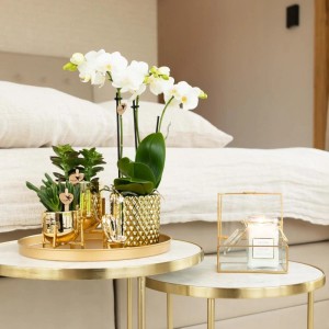 Weiße Phalaenopsis Orchidee im goldenen Diamant Dekotopf (9cm). Elegante Zimmerdekoration.