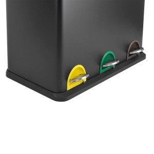 Schwarzer Svita Mülleimer mit 3 Fächern (je 20L) und farbigen Tretpedalen zur Mülltrennung.