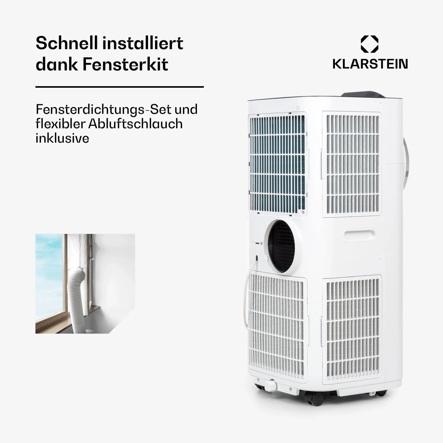 Weisse Klarstein Klimaanlage Kraftwerk Smart 12K mit Fensterkit und Abluftschlauch.