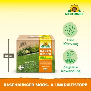 Neudorff Rasendünger Moos- & Unkrautstopp 5 kg. Brauner Karton mit gelb-grünem Etikett, 22 cm hoch. Für dichten, grünen Rasen.