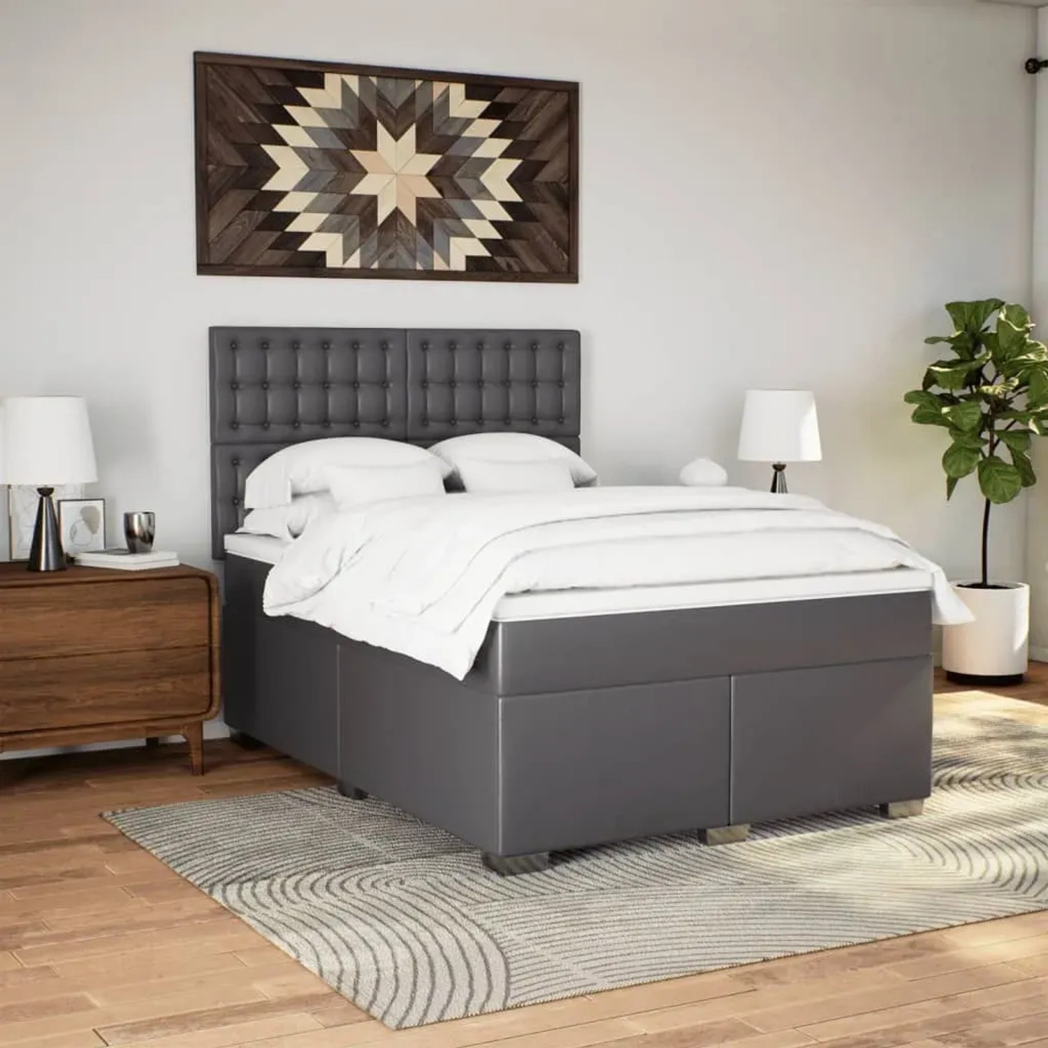 Graues vidaXL Boxspringbett (140x200 cm) mit Matratze und Kunstlederbezug.