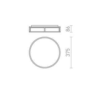 Technische Zeichnung der Rendl Deckenleuchte Grande LED 35. Ansicht von oben und Seite mit Maßen: Höhe 86 mm, Ø 375 mm.