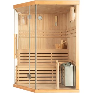 Traditionelle Sauna SKYLINE aus Tannenholz mit Glasfront, Bänken und Saunaofen.