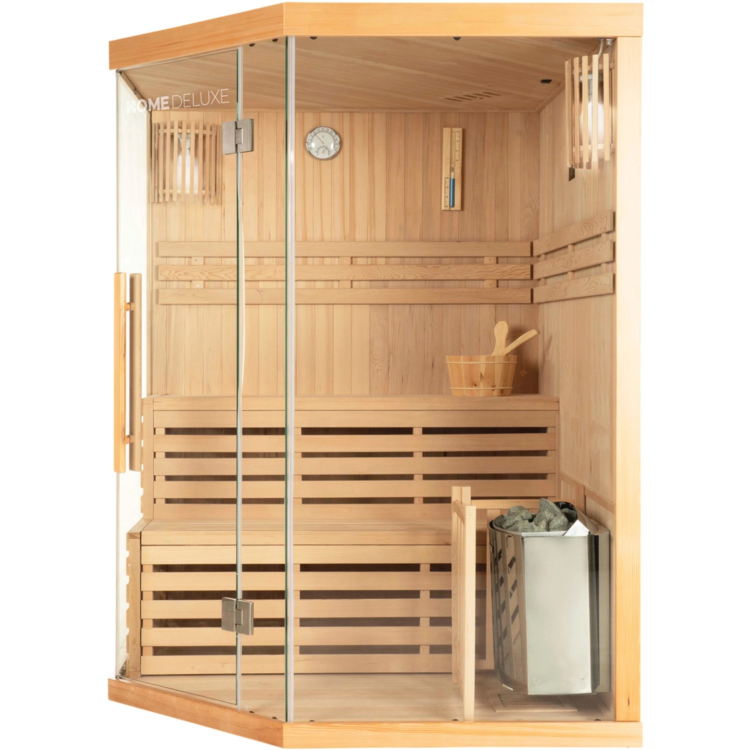 Traditionelle Sauna SKYLINE aus Tannenholz mit Glasfront, Bänken und Saunaofen.