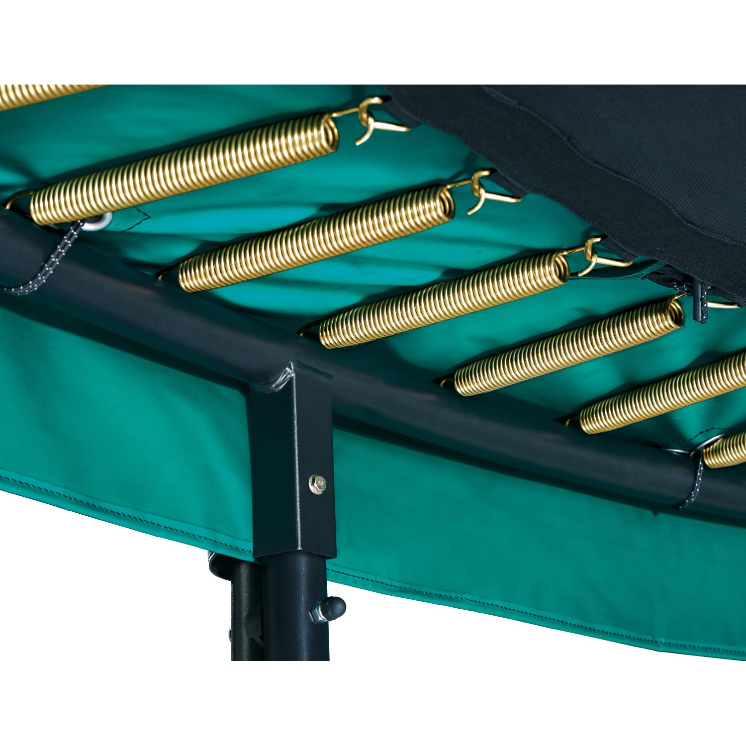 Detailaufnahme Federn und Rahmen des grünen Salta Trampolin First Class ø 366 cm.